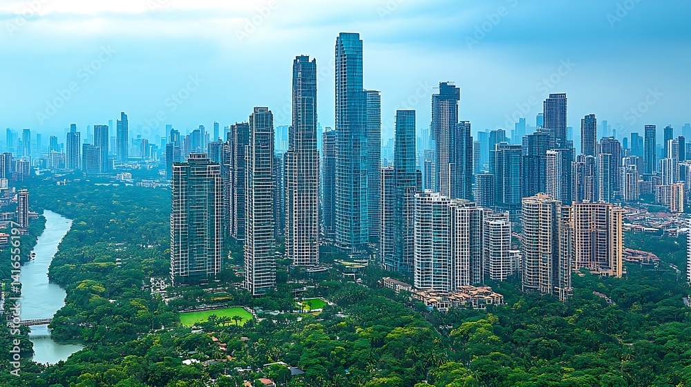 Obraz premium Urban Skyline: A stunning cityscape showcasing towering skyscrapers and modern architecture, framed against a backdrop of a vibrant green environment.