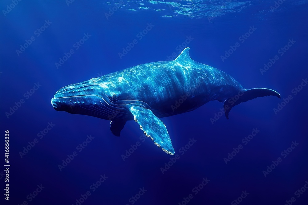 Fototapeta premium A vibrant blue whale swimming through the deep blue ocean, its massive body visible