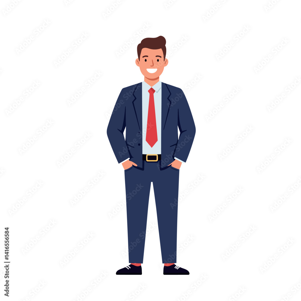 Smiling young businessman in navy suit with red tie standing confidently flat design vector illustration Smiling young businessman in navy suit with red tie standing confidently flat design vector illustration