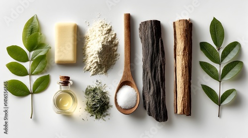 Natural ingredients for homemade soapmaking including essential oils herbs clay charcoal and lye displayed on white background.