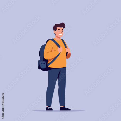Young man standing with backpack wearing casual orange sweater and dark pants flat design vector illustration