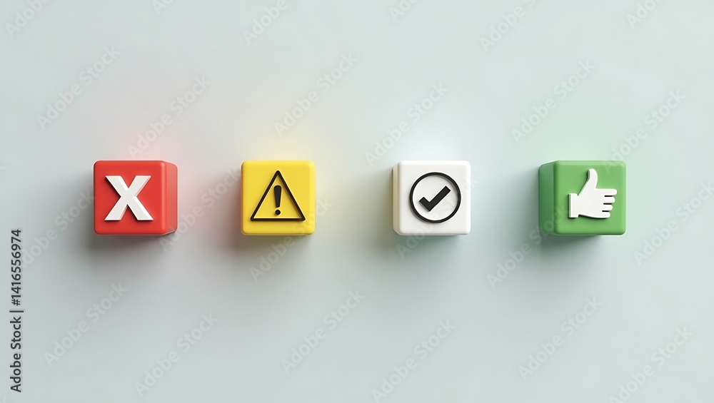Obraz premium Colorful Cubes with X, Warning Sign, Checkmark, and Thumbs-Up on Pastel Background