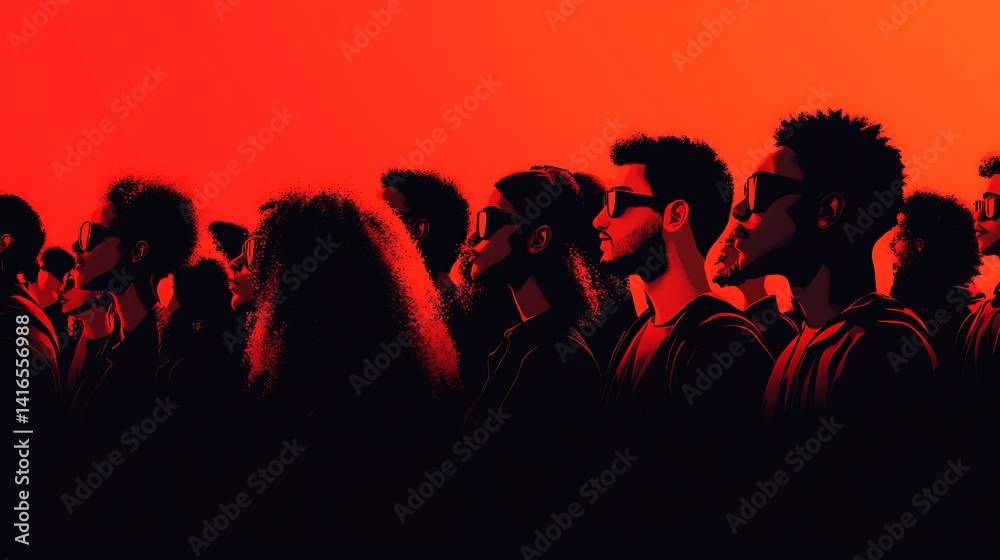 Fototapeta premium Silhouetted group of diverse people wearing sunglasses against a vibrant red background, creating a modern and artistic scene