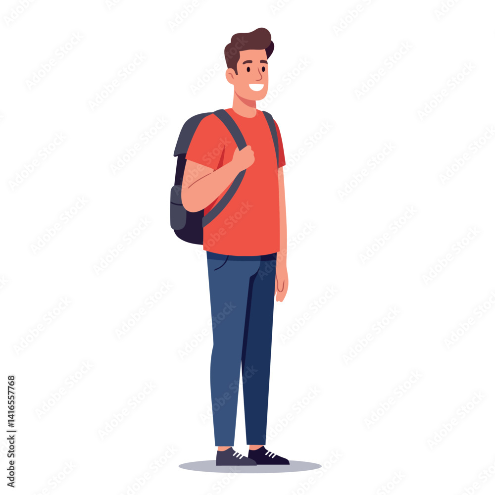 Young casual man standing with backpack wearing red shirt and blue pants flat design vector illustration Young casual man standing with backpack wearing red shirt and blue pants flat design vector illustration