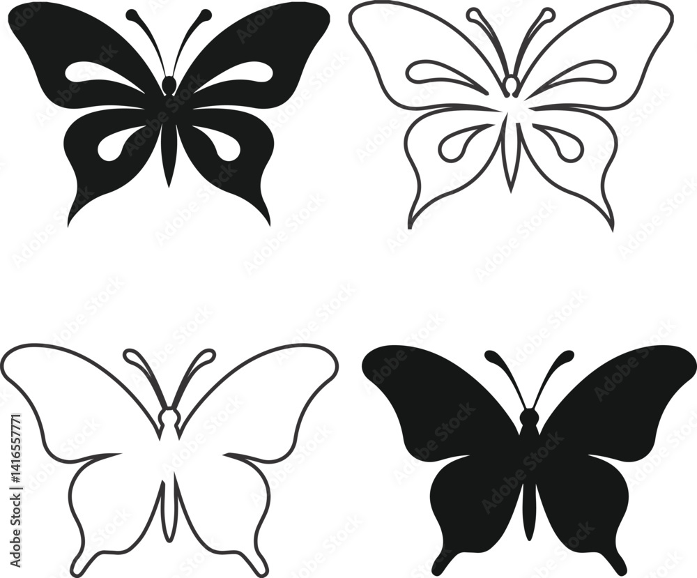Obraz premium Set of butterfly silhouettes and outlines in black and white vector illustration