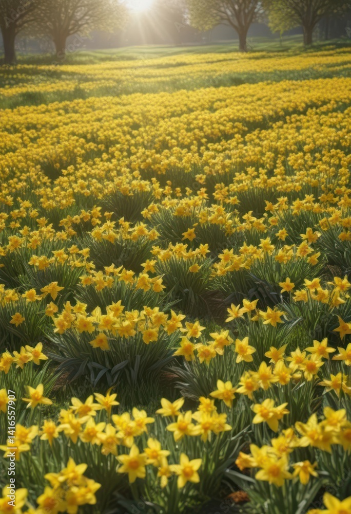 Fototapeta premium A carpet of cheerful yellow daffodils blankets a verdant field bathed in sunlight , high resolution, botanical