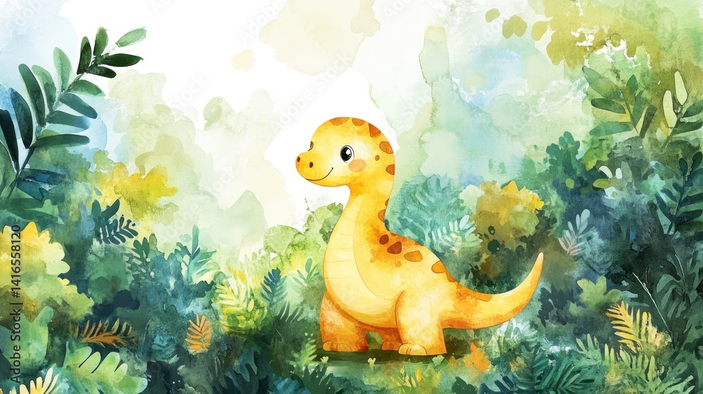 Cute yellow dinosaur in a lush jungle