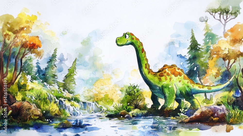 Dinosaur by a waterfall in a vibrant forest