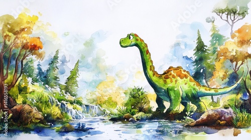 Obraz na płótnie Dinosaur by a waterfall in a vibrant forest w salonie