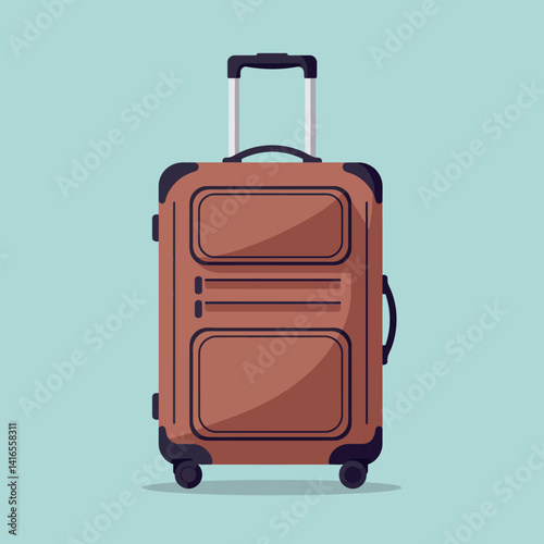 Brown upright suitcase with telescopic handle and front pockets in flat design style vector illustration