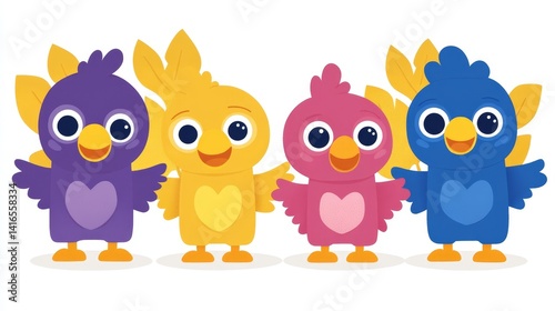 Adorable pixelated birds cartoon featuring vibrant colors and cute hearts perfect for cheerful backgrounds and child oriented creative projects