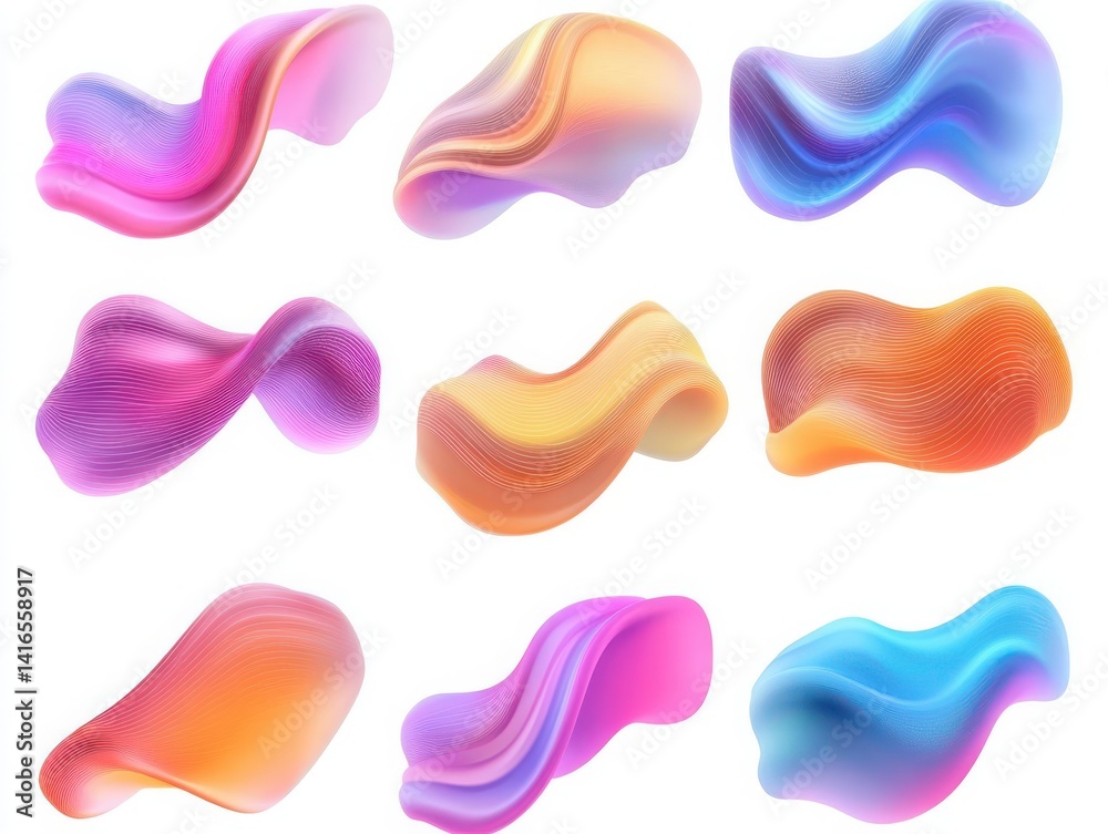 Isolated pack of gradient mesh wave designs on white background.