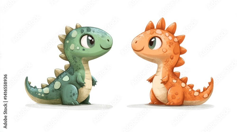 Two adorable baby dinosaurs facing each other