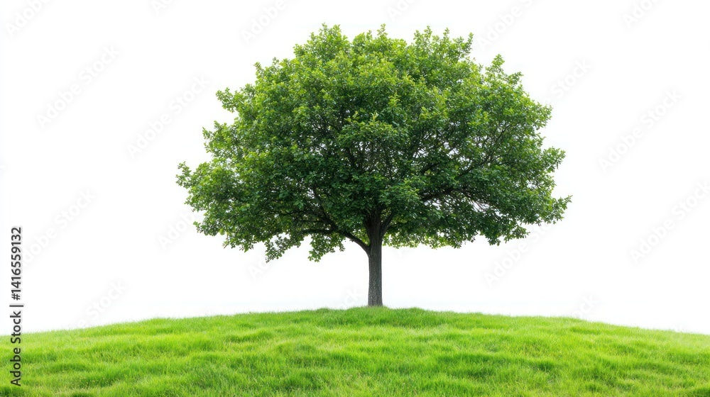 a solitary deciduous tree stands gracefully atop a gentle verdant hill showcasing the beauty of nature's simplicity against a stark white backdrop evoking tranquility a solitary deciduous tree stands gracefully atop a gentle verdant hill showcasing the beauty of nature's simplicity against a stark white backdrop evoking tranquility