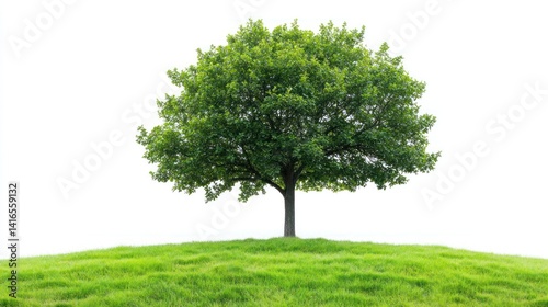 a solitary deciduous tree stands gracefully atop a gentle verdant hill showcasing the beauty of nature's simplicity against a stark white backdrop evoking tranquility