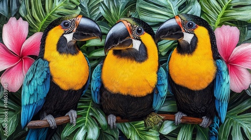 Vibrant macaw trio amid tropical foliage and hibiscus blossoms evoking a sense of exotic wildlife and vivid natural beauty captured in digital art photo