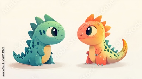 Two adorable, cartoonish, friendly lizards