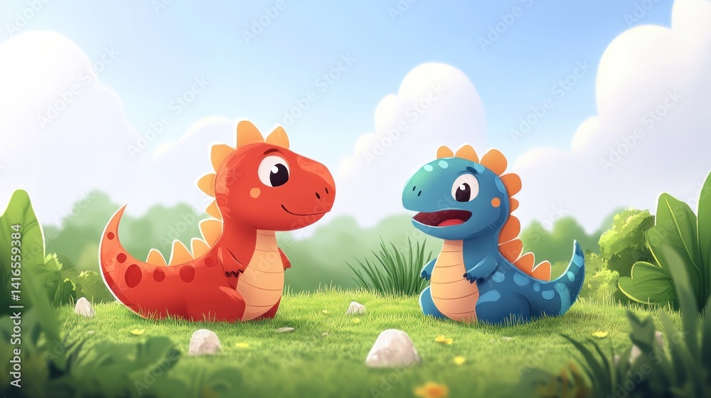 Two adorable dinosaur friends in a grassy field