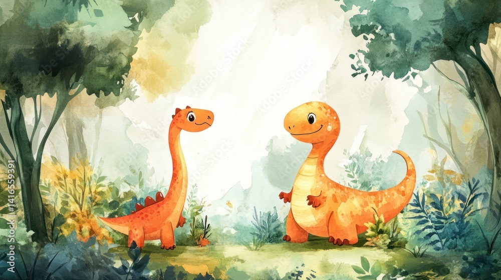 Two adorable dinosaurs in a lush forest