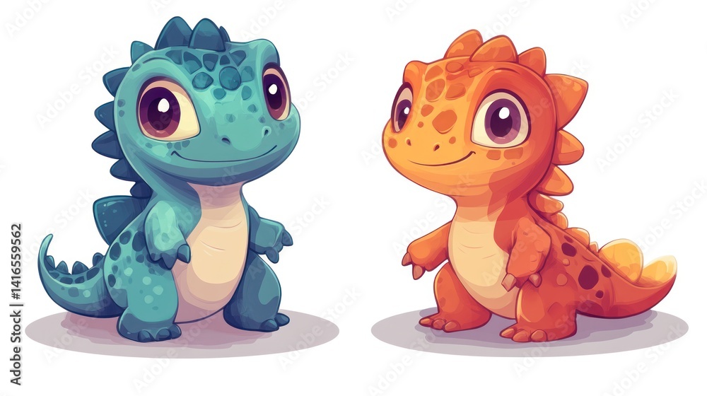 Two adorable, stylized, baby dragons