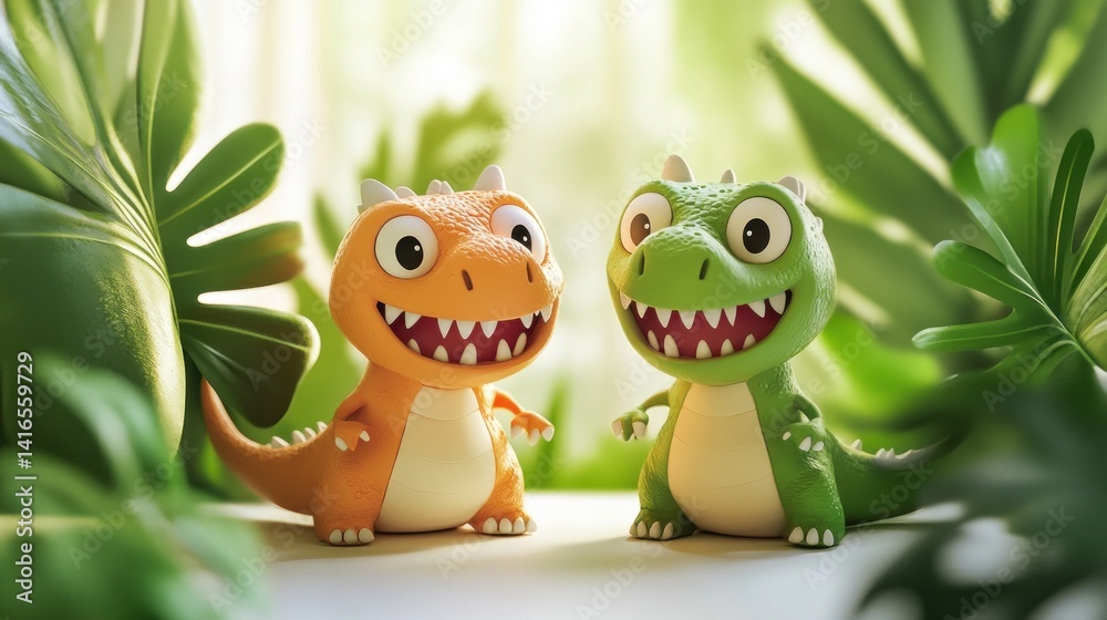 Two cute cartoon dinosaurs in a jungle