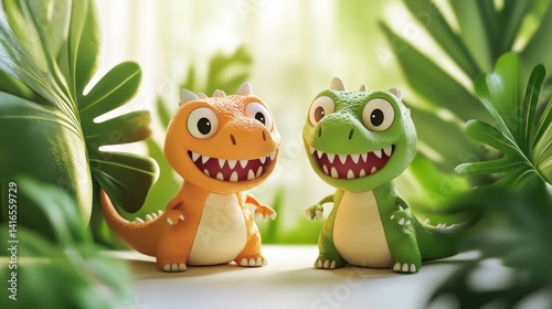 Obraz na płótnie Two cute cartoon dinosaurs in a jungle w salonie