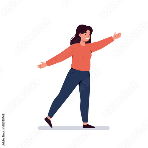 Smiling woman with open arms wearing casual clothes walking happily in flat minimal vector illustration