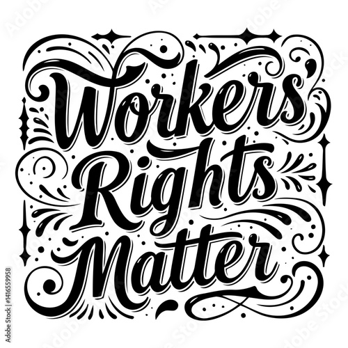 Black and white, stylized lettering design advocating for workers' rights, suitable for social media marketing, posters, or educational materials.