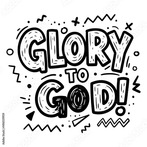 Bold, textured lettering declares Glory to God! in a fun, graphic style.  Perfect for religious or inspirational advertising, social media posts, or editorial pieces.