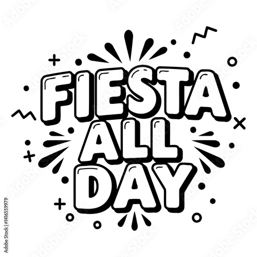 Bold, stylized lettering declares FIESTA ALL DAY with graphic firework bursts.  Fun, playful style suitable for advertising or social media.