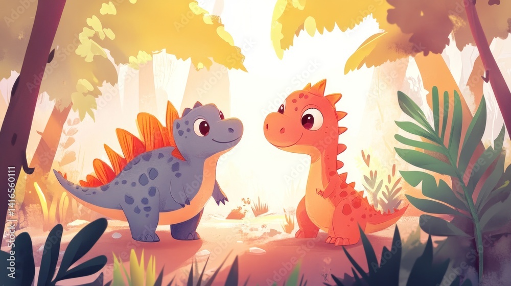 Two cute dinosaurs in a forest