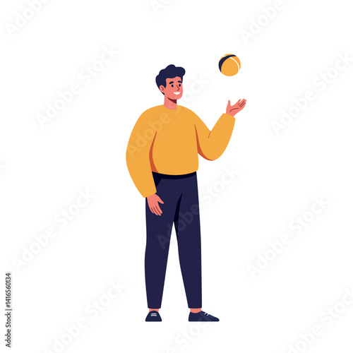 Young man in casual outfit tossing ball with hand standing relaxed flat design vector illustration