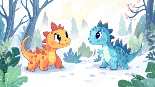 Obraz na płótnie Two cute dinosaurs in a winter forest w salonie