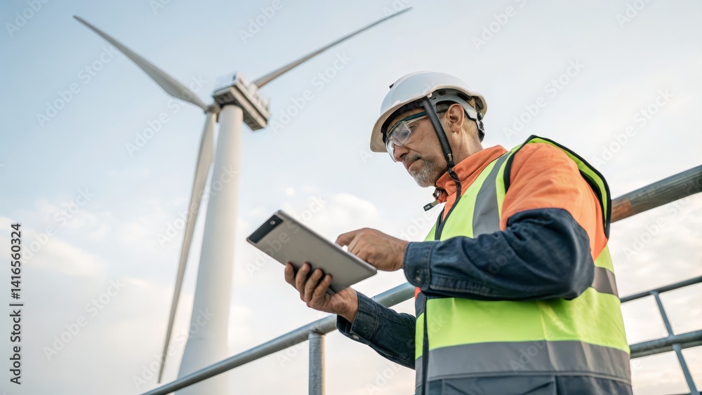 Low-carbon and decarbonization concept, Professional worker using a tablet near a wind turbine in a renewable energy setting. Low-carbon and decarbonization concept, Professional worker using a tablet near a wind turbine in a renewable energy setting.