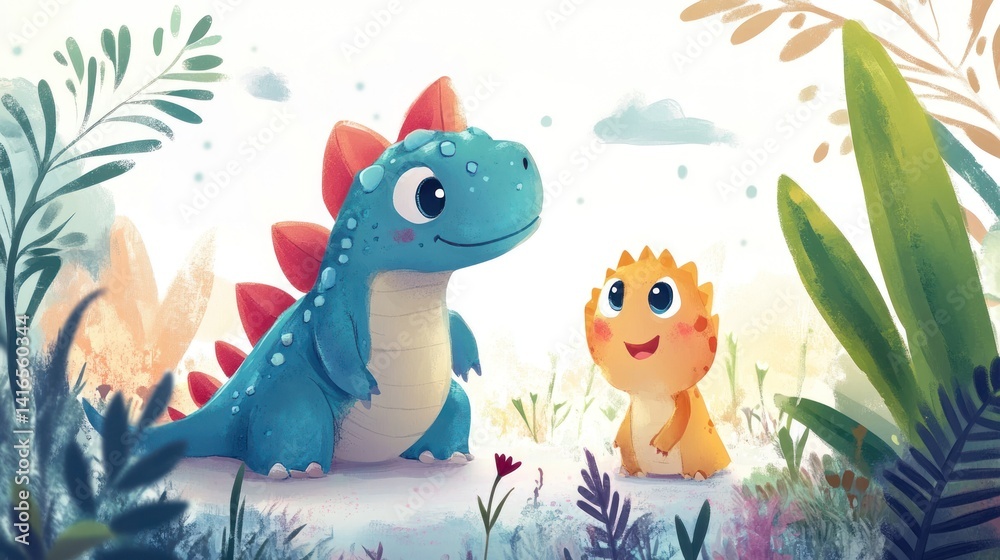 Two friendly dinosaurs in a lush, whimsical forest