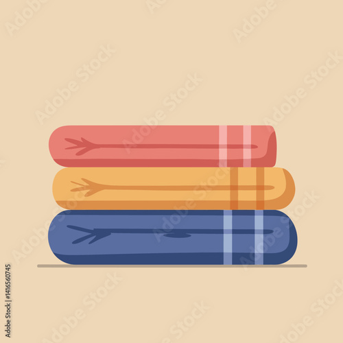 Three stacked colorful towels in flat minimal design with red orange and blue shades vector illustration