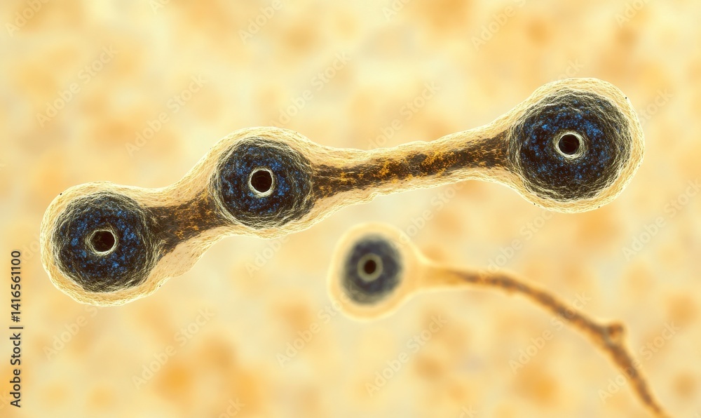 Obraz premium Microscopic View of Fungal Cells with Blue Dots on Yellow Background