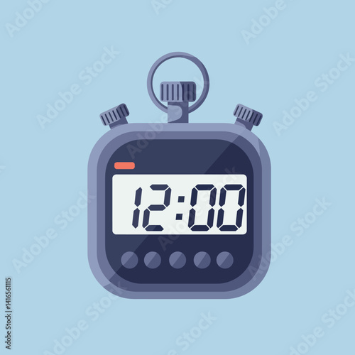 Digital stopwatch with dark blue body and buttons showing twelve oclock in flat style vector illustration