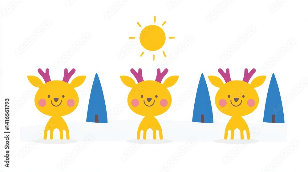 Fototapeta premium Enchantingreindeerpixelatedlandscapeamidstafluffyforestsilhouettesbeneathradiantsunbrightchildrenillustrationgraphicdesignwhimsicalart
