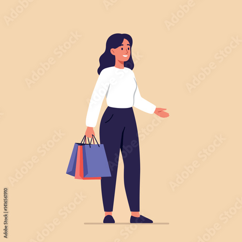 Young woman carrying colorful shopping bags with smiling expression standing in casual clothing flat design vector illustration