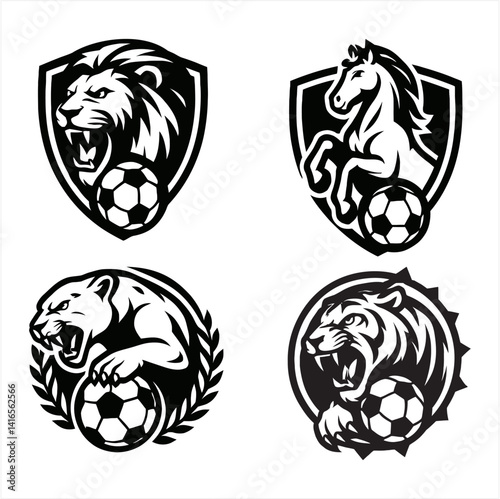Soccer Team Animal Mascots Vector Set Lion Horse Panther Tiger Logos
