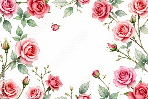 Delicate watercolor rose buds & leaves, repeating pattern, red, floral, green