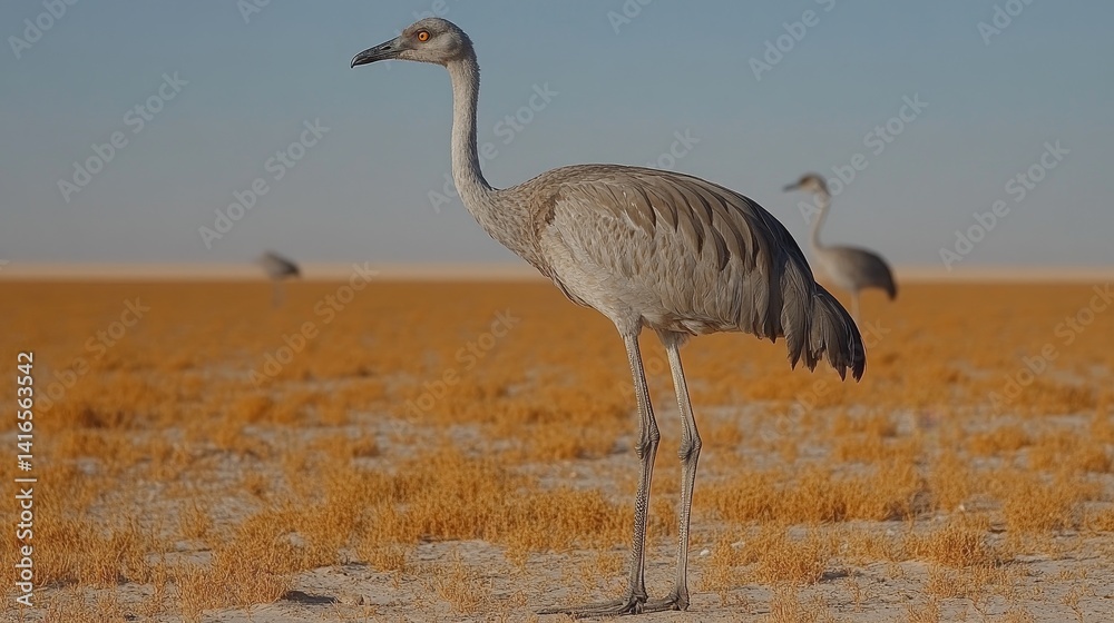 Obraz premium Elegant secretary bird standing tall in the vast african savannah wildlife habitat under a serene sky showcasing nature's beauty and grace in open grasslands