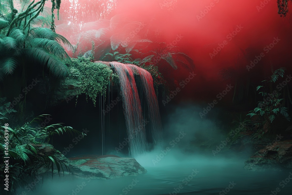 Obraz premium Lush, misty waterfall cascading into a teal pool, enveloped in red and green hues.