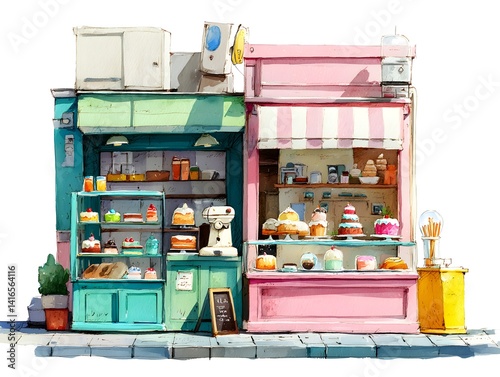 A charming watercolor painting depicts two adjacent pastel-colored shops showcasing an array of delicious pastries and cakes on display for sale.