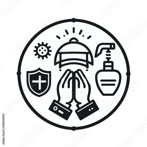 Icon representing preventive measures with hands, sanitizer, shield, and protective gear in a minimalistic design
