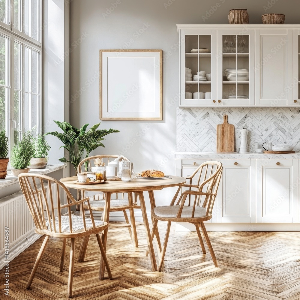 Fototapeta premium Bright Sunlit Kitchen with White Cabinets and Light Wood Dining Set