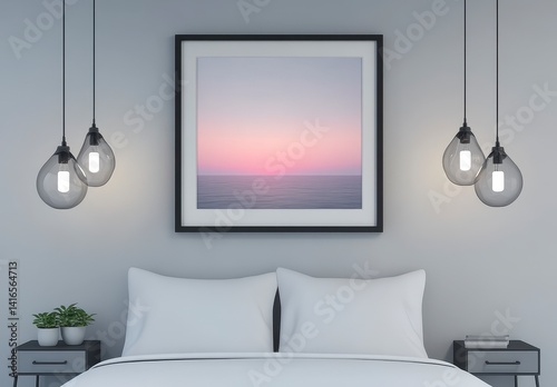 Serene Bedroom Interior with Pastel Sunset Ocean Wall Art