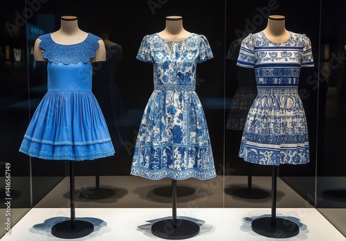 Three Blue and White Patterned Dresses on Display Mannequins