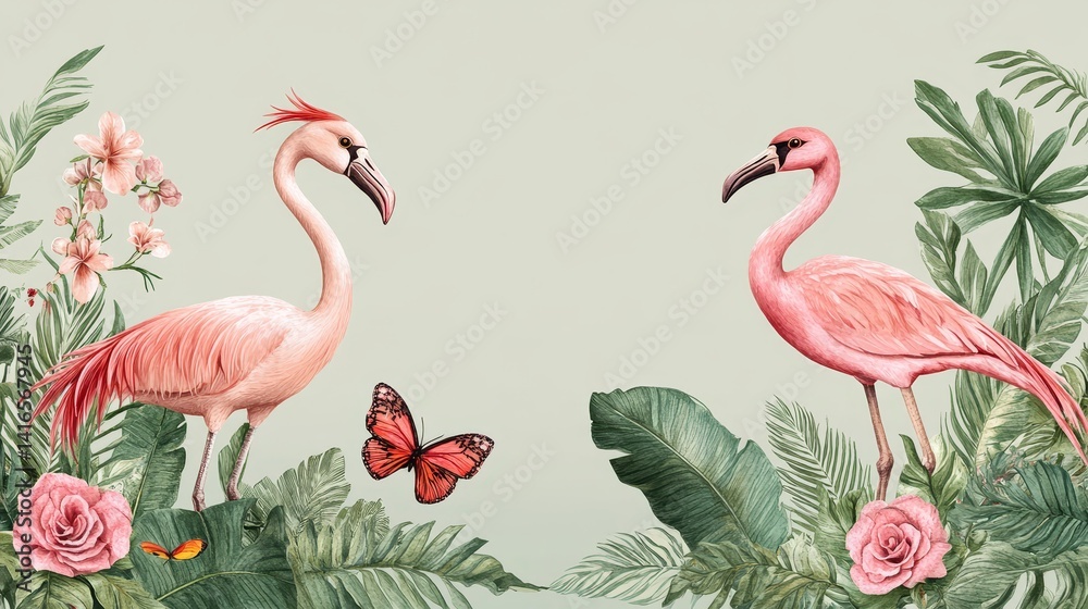 Obraz premium Exotic avian paradise featuring two pink flamingos amidst lush tropical foliage conveying serenity nature elegance and a touch of whimsy 117characters